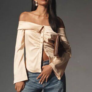 By Anthropologie Size Extra Small XS Off-The-Shoulder Collared Satin Shirt